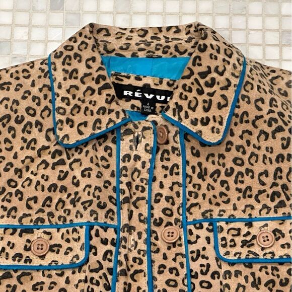 Revue Leather Brown Animal Print with Turquoise Trim Jacket - Picture 2 of 10